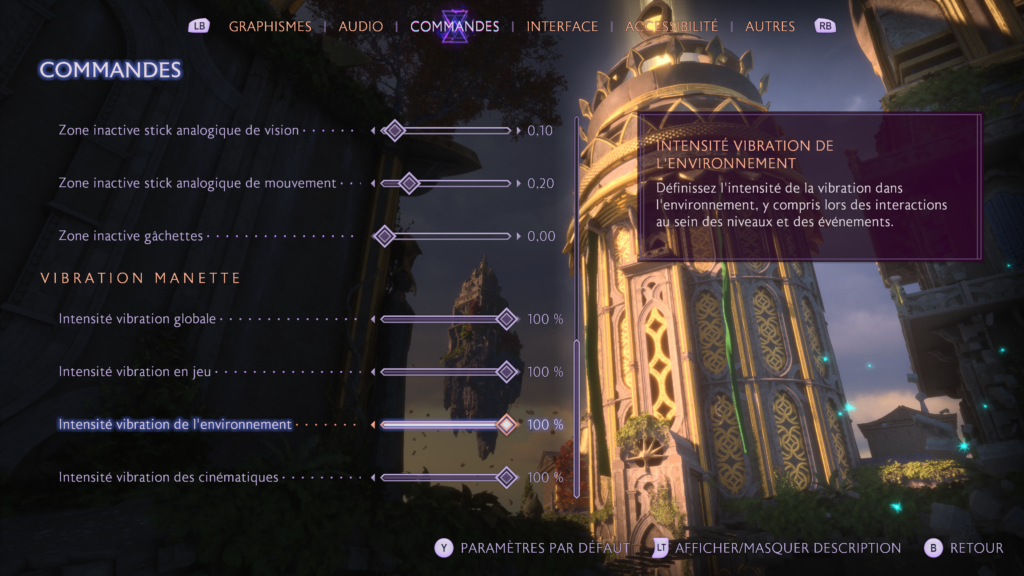 You can adjust the type and intensity of joystick vibrations under the same Controls Menu.