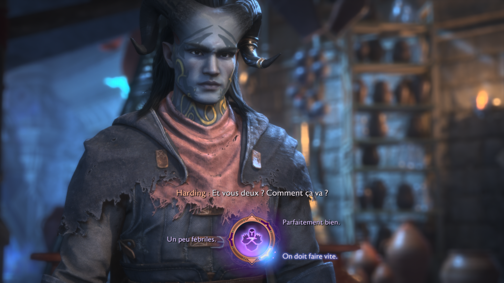 Here, your character is in conversation. Answer choices surround a purple circle in which a mood icon is displayed. Here, it's set to "anger."