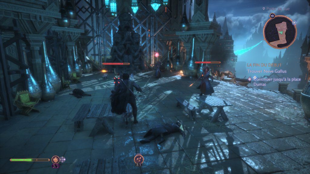 A group fight phase. Three enemies can be seen, each with a health bar above its head.