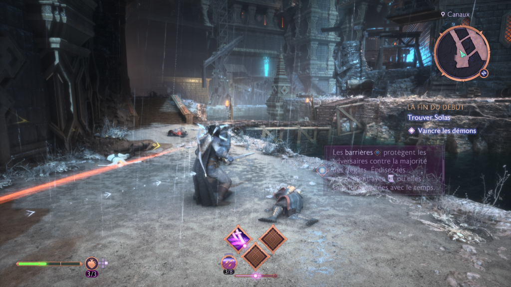 In town, you can't see any enemies, but a white line coming towards you indicates that an enemy is aiming at your back from a ways away.