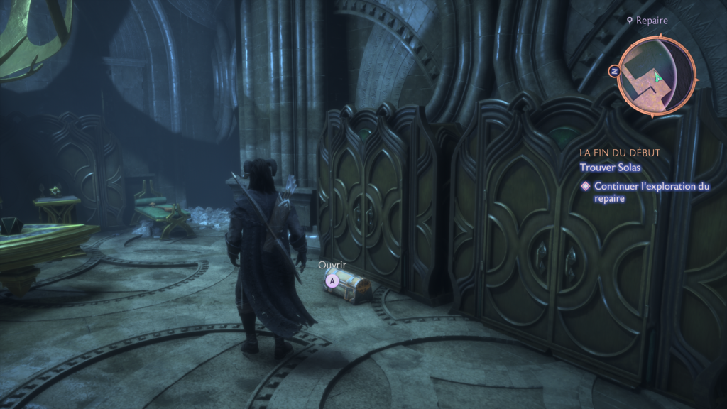 Your character approaches a chest in a dark, ramshakle room. The "A" button appears to pick it up.