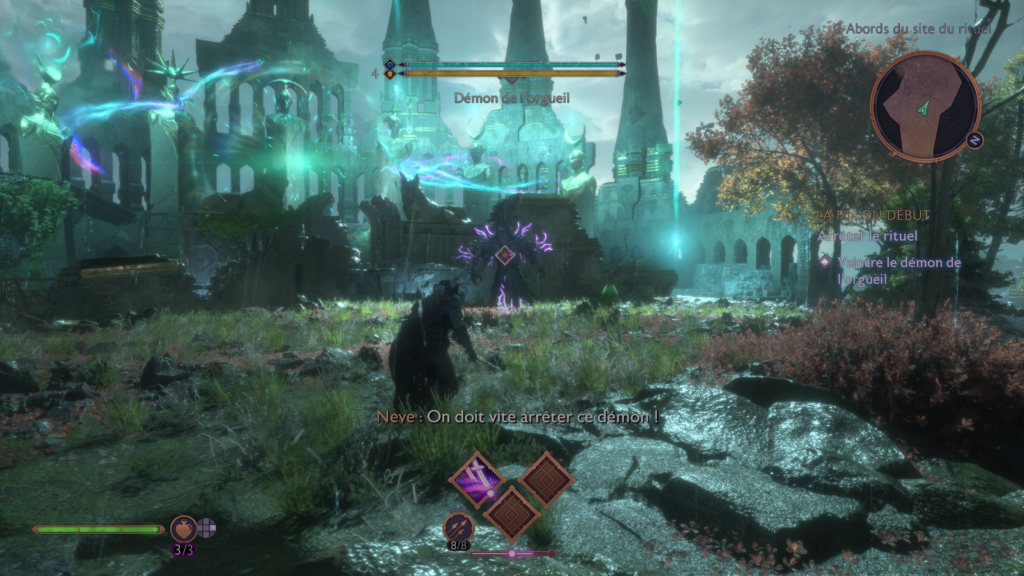 During combat, you can lock the camera on an enemy. Here, you're facing a Pride Demon.