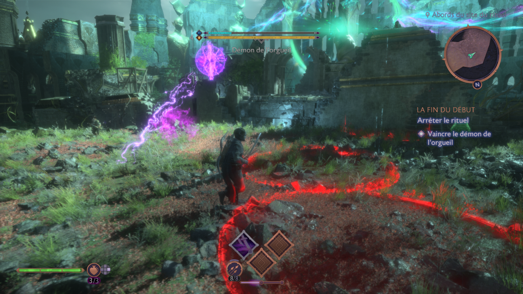 The first fight against a boss. Red circles on the ground indicate area-of-effect attacks.