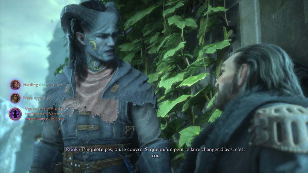 Your character is talking to Varric. On the left, you can see the impact that your answers have on your companions.