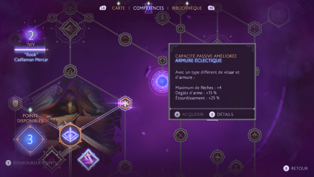 Here, we can see a zoomed-in version of the skills screen. One of the skills is selected, and its effects are described in a call-out.