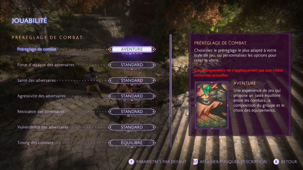 The Gameplay Menu lets you adjust combat difficulty in detail.