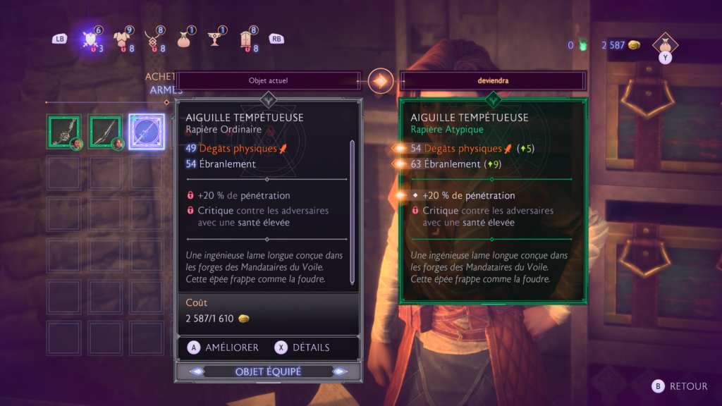 You can compare two different items at the merchant's stand. The items are color-coded and highlighted lines give you a better understanding of what improvement it delivers.